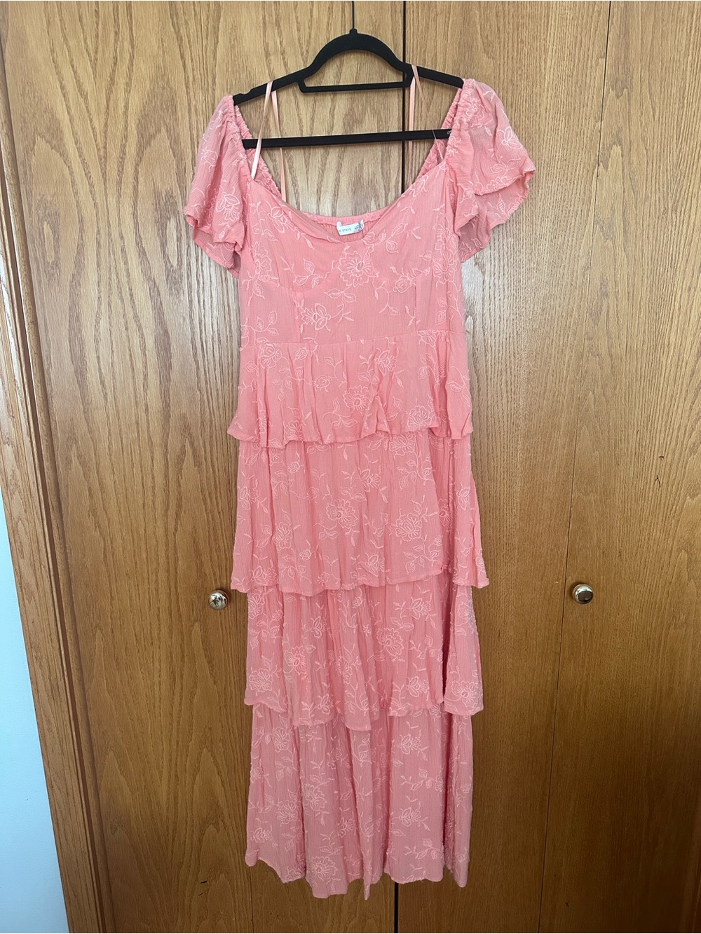 Altar'd State Coral Pink Tiered Midi Dress
